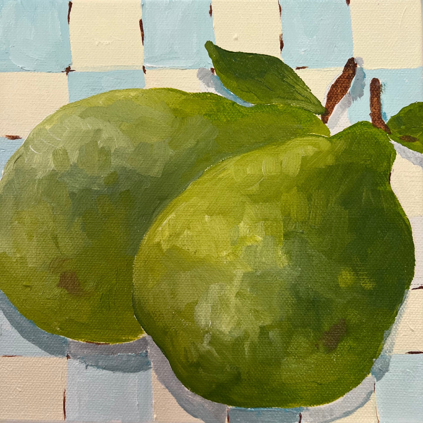 “Pears on cream + pale blue check”